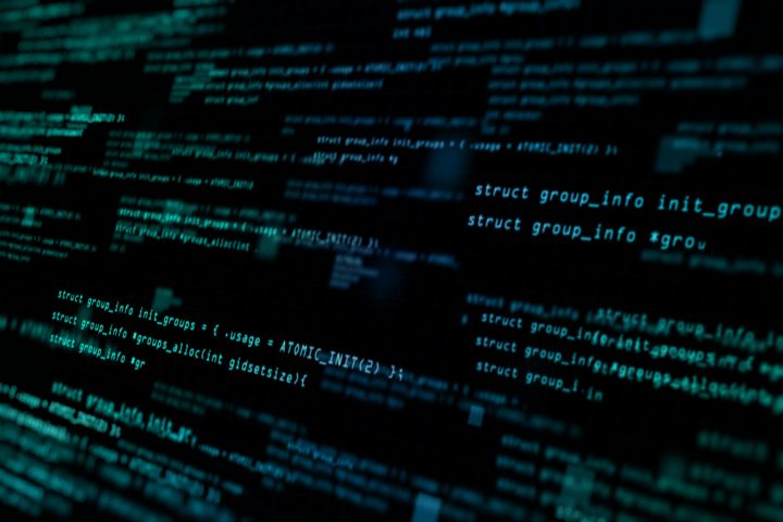 Abstract computer code running technology digital cyberspace. Programming code moving on a black screen background. 3d rendering